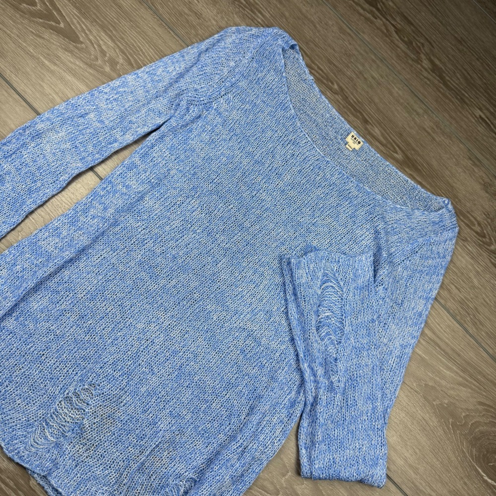 Uniq Womens Sweater Distressed Open Knit Long Sleeve Blue Medium